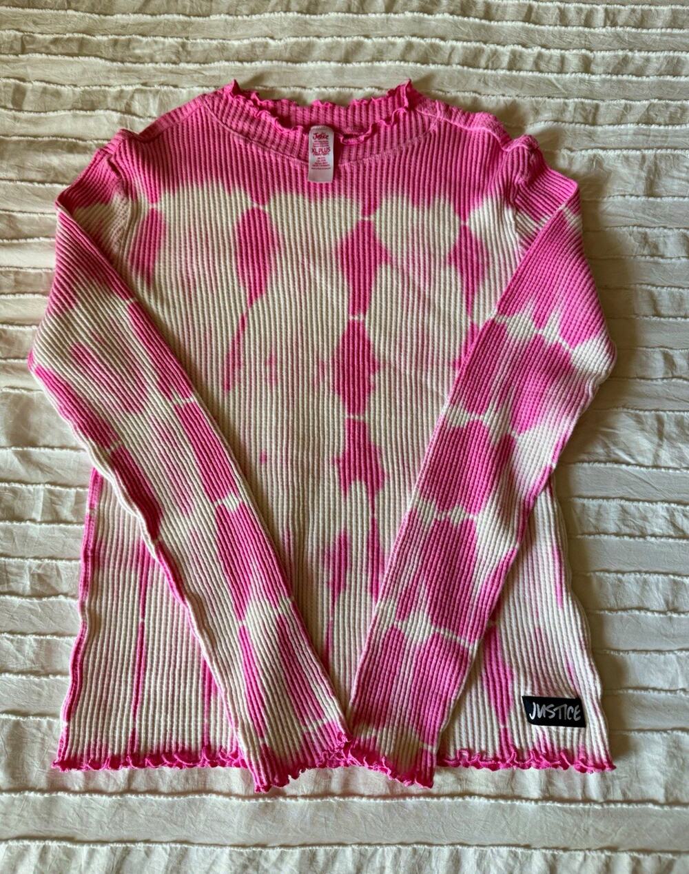 Justice Girls Pink/White Tie-Dye Ribbed Stretch Knit Crewneck Top XL Plus